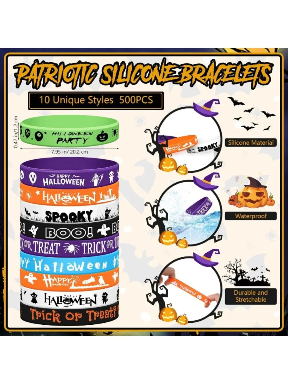 500 Pcs Halloween Rubber Wristbands - Silicone Bracelets for Party Favors